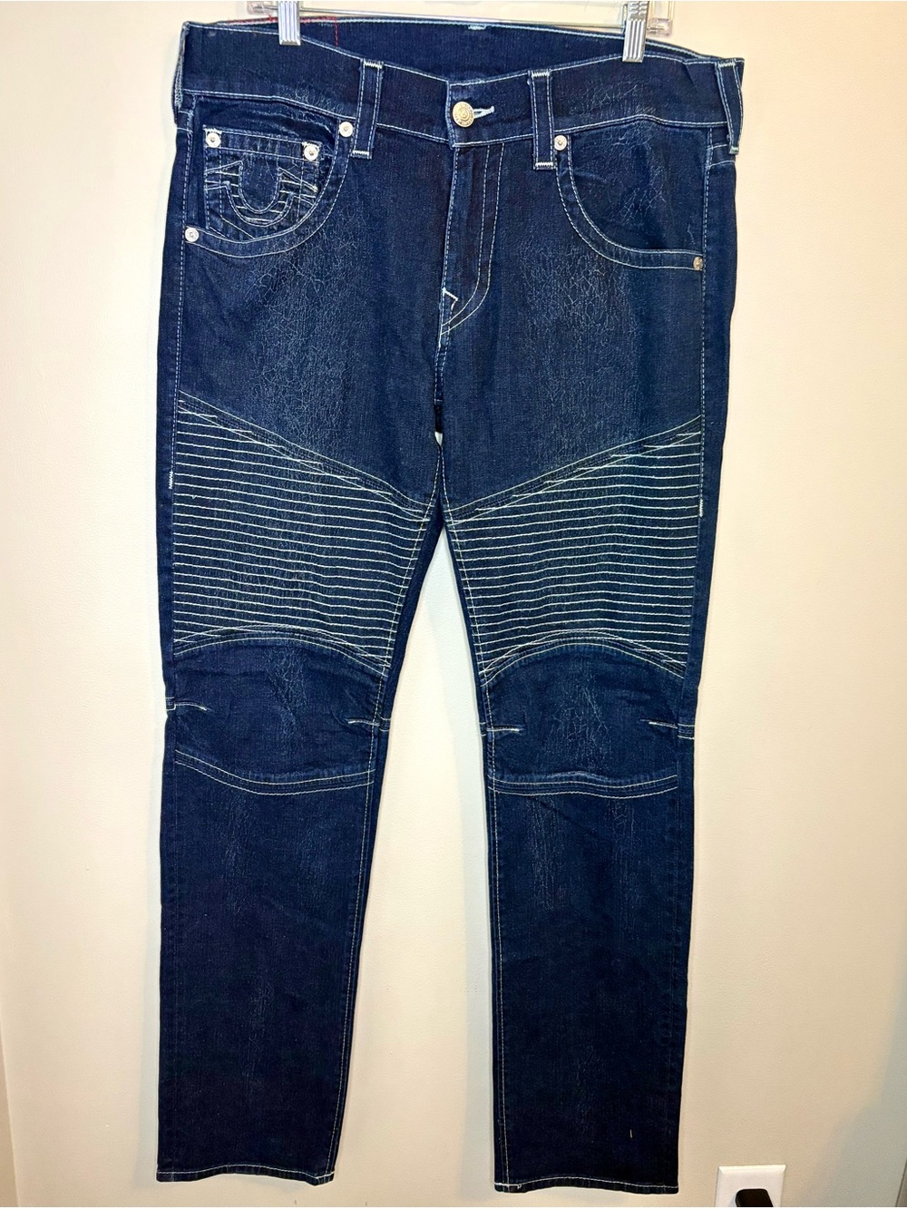True Religion Moto Skinny Jeans Mens 34 Indigo Biker Run Stitch Dark Wash